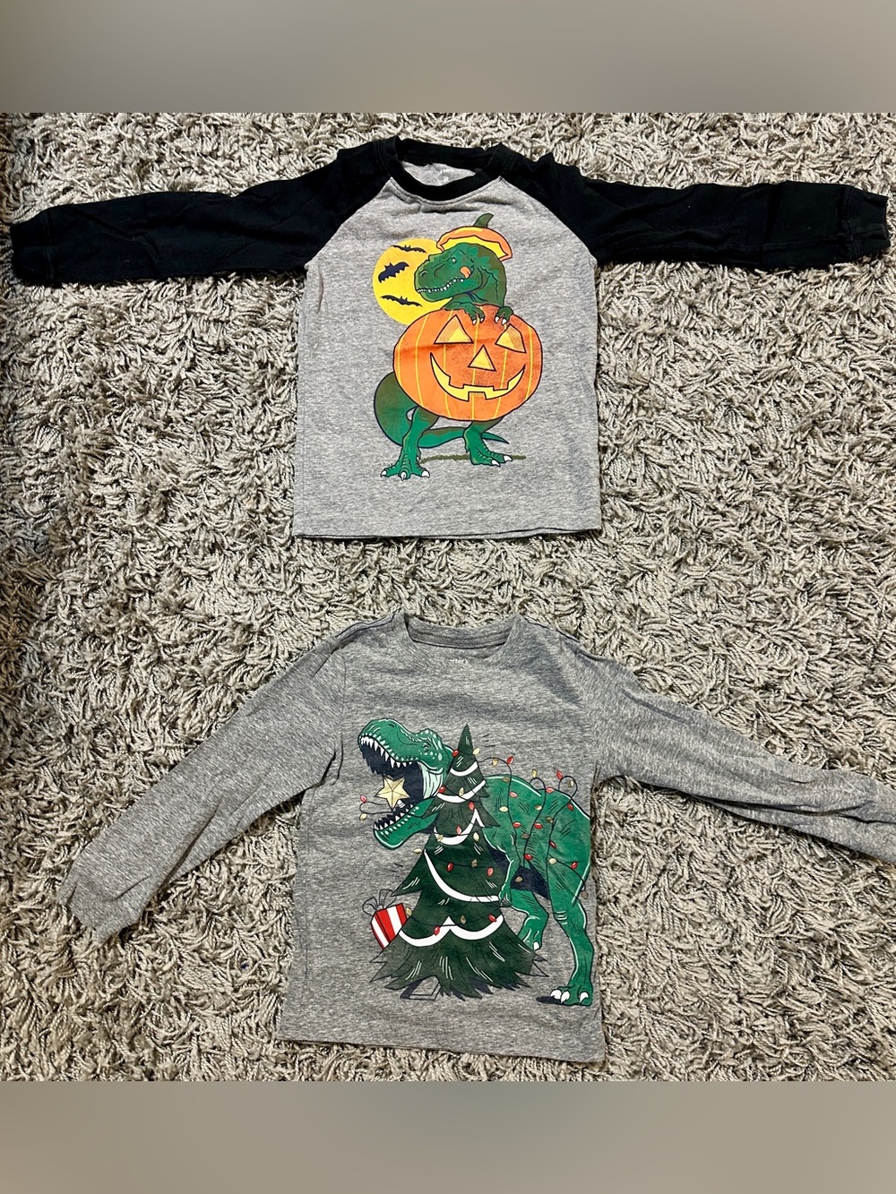 Carter's Gray Long Sleeve Kids Tees with Black Sleeves & Green Graphics (2-Pack)